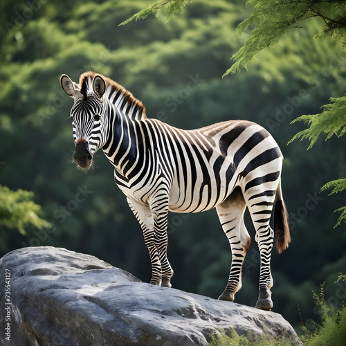 A formidable Zebra standing on a rock surrounded by trees and vegetation. Splendid nature concept.