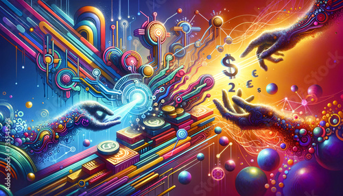Whimsical Pop Futurism: Vibrant transaction in a high-tech society