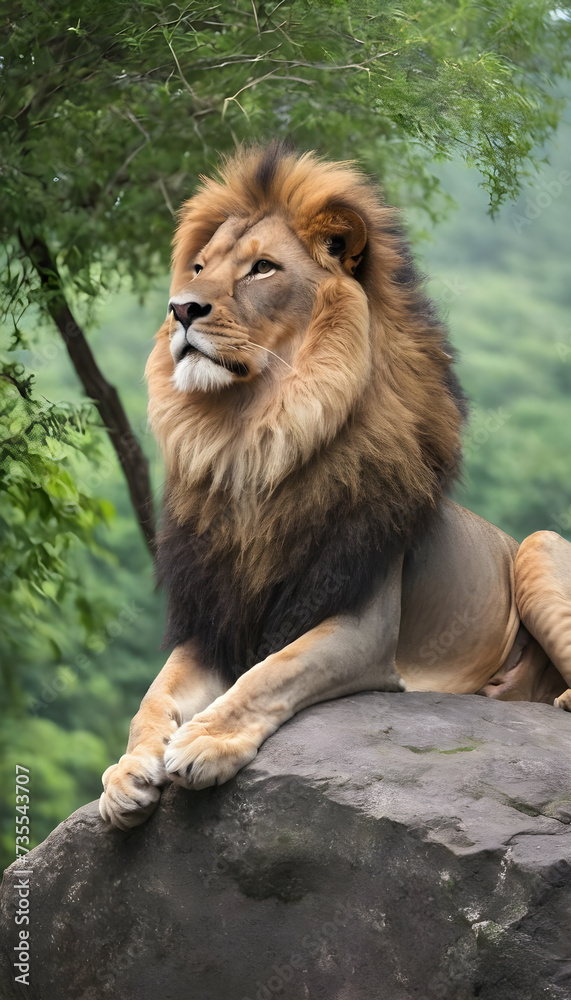 Naklejka premium Majestic lion sits on rock surrounded by green trees, concept of Majestic and Nature