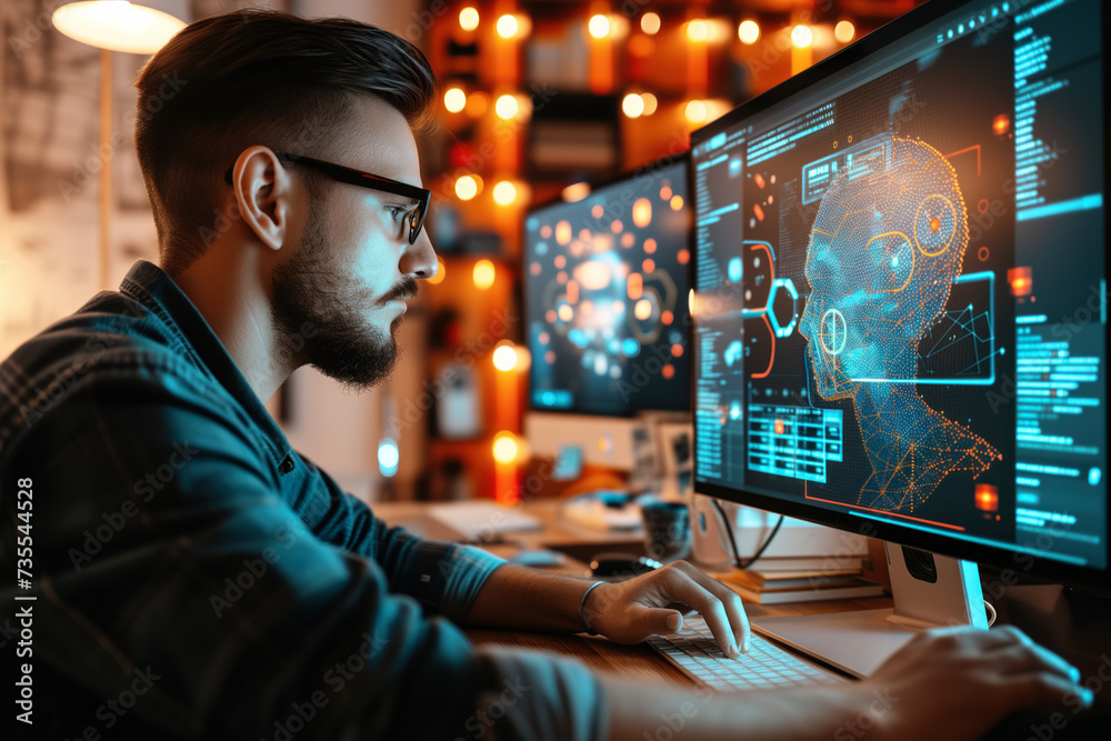 Fototapeta premium A young male software developer in his office, programming artificial neural networks as part of a machine learning AI development project.