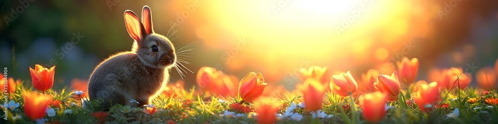Fototapeta premium Cute rabbit with tulip flowers. Bunny on spring sunny field. Funny pet. Modern concept. Happy Easter banner, greeting card, invitation with copy space