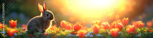 Cute rabbit with tulip flowers. Bunny on spring sunny field. Funny pet. Modern concept. Happy Easter banner, greeting card, invitation with copy space #735544904