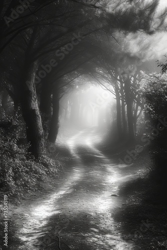 A dramatic creepy haunted path in a dark misty forest with fog.