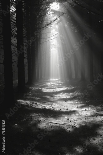 A dramatic creepy haunted path in a dark misty forest with fog.