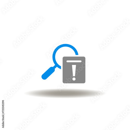 Vector illustration of magnifier and list with exclamation mark. Icon of revision. Symbol of inspection.