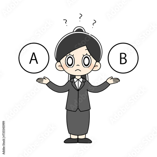 選択肢で迷うスーツの女性