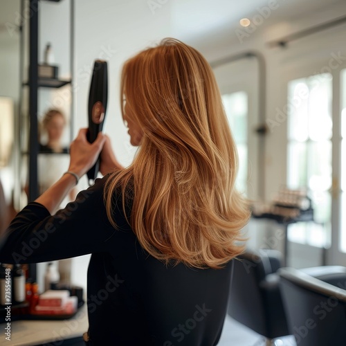 A woman elegantly styling her long blonde hair with a straightener in front of a mirror in a hair salon
