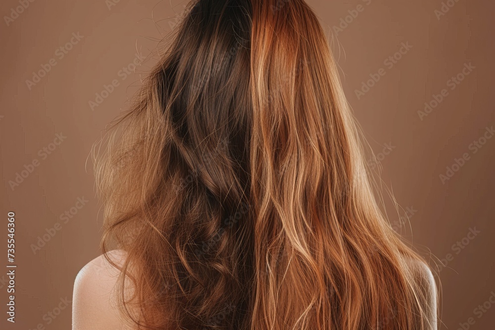 Naklejka premium A single woman is shown from behind, her hair featuring soft waves and stunning highlights against a uniform background