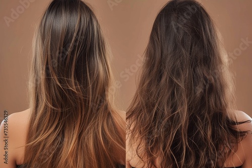 The image captures two women from behind showcasing their contrasting hairstyles: one straight, one wavy, against a bland backdrop