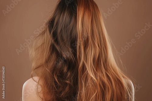 A single woman is shown from behind, her hair featuring soft waves and stunning highlights against a uniform background