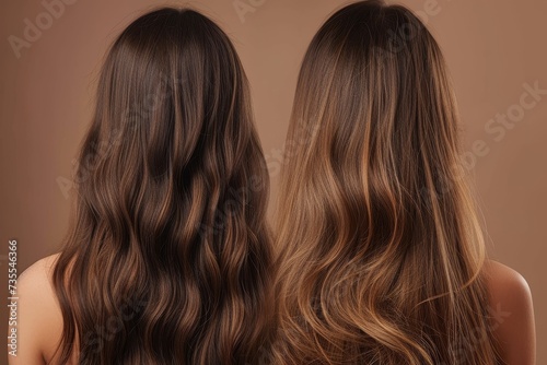 The image shows the upper back and beautiful wavy locks of two women against a neutral background, highlighting hair beauty