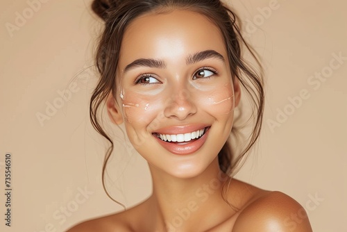 Cheerful woman with clear skin and a smile applying a skincare product, emphasizing beauty and self-care