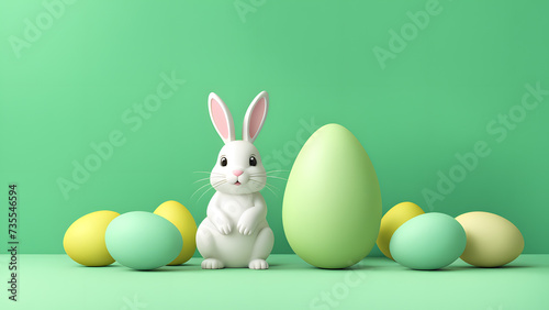 3D Playful Emerald Bunny Rabbit with Rainbow Eggs, Set Against a Green Pastel Background. Symbolizing Easter Joy.