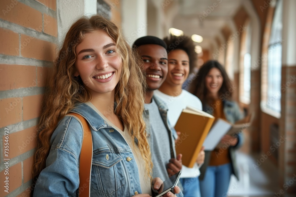 A smiling diverse group of students with notebooks stand in a school hallway, representing friendship and education A smiling diverse group of students with notebooks stand in a school hallway, representing friendship and education