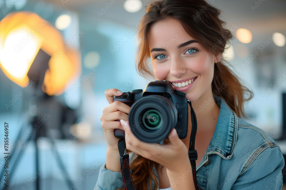 Smiling woman holding a professional camera, ready to take a photograph, with blurred studio light background