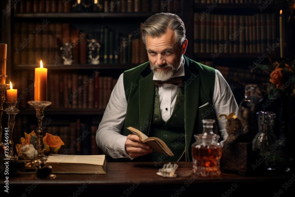 A man in a stylish deep green brocade vest savoring a glass of whiskey in a cabin filled with antique books and old maps A man in a stylish deep green brocade vest savoring a glass of whiskey in a cabin filled with antique books and old maps