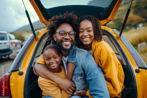 Happy African American family posing in the trunk of their SUV during a road trip