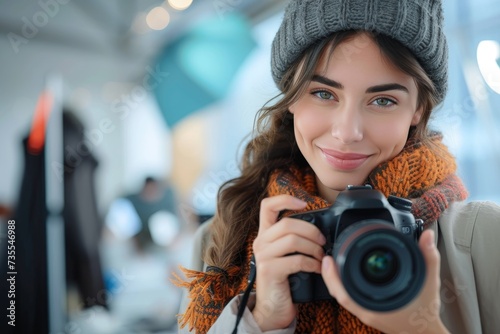 Fashionable young woman with a knit hat holding a professional camera, amidst a blurred boutique background photo