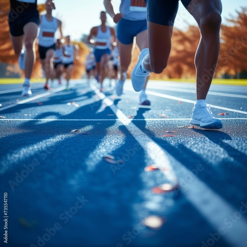 Detailed view of runners in motion on a blue running track, focus on shoes and track