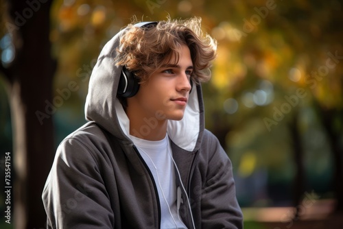 The Modern Minstrel: Portrait of a Stylish Teenager with a Hoodie and Earbuds, Immersed in His Own World of Music in a Public Park