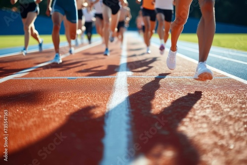 Close-up image capturing runners at the start of a race on a track field, highlighting motion and competition