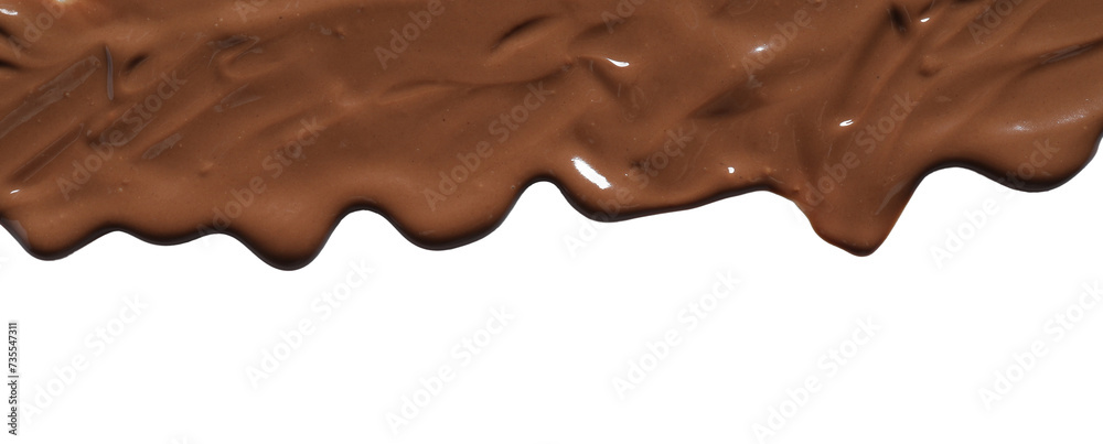 Tasty melted milk chocolate pouring down on white background Tasty melted milk chocolate pouring down on white background