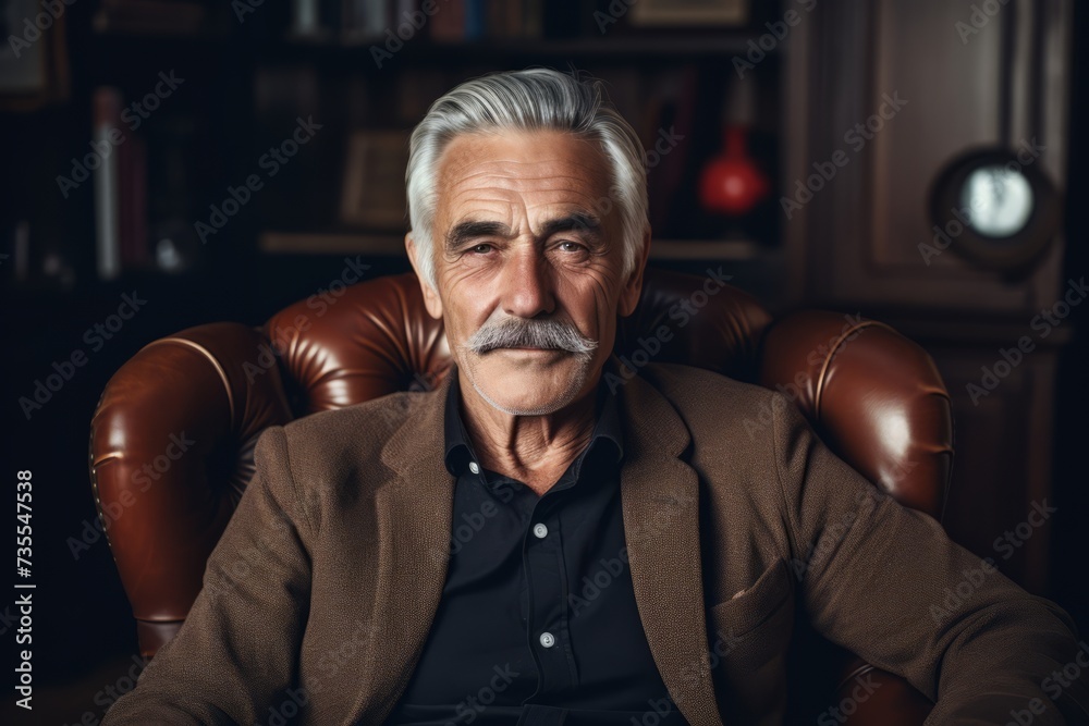 A Smiling Elderly Man with Weathered Hands and a Gray Mustache, Reflecting on Memories in His Comfortable Armchair A Smiling Elderly Man with Weathered Hands and a Gray Mustache, Reflecting on Memories in His Comfortable Armchair
