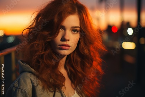 Bold and Beautiful: A Young Woman with Freckles and Vibrant Red Lipstick in a City at Dusk