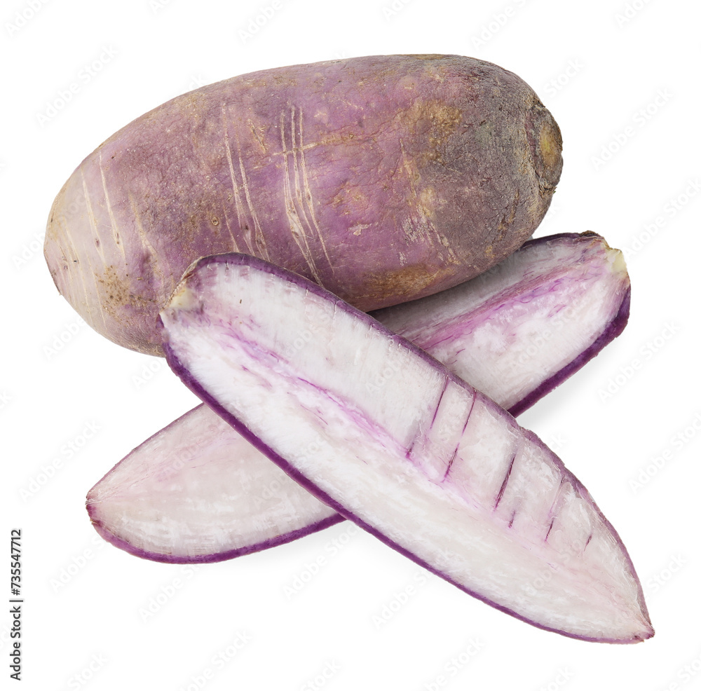 Ripe purple daikon radishes isolated on white, top view Ripe purple daikon radishes isolated on white, top view