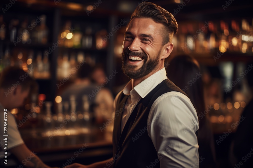 The heart of the party: A bartender engaged in jovial banter with customers, amidst the hustle and bustle of a busy bar The heart of the party: A bartender engaged in jovial banter with customers, amidst the hustle and bustle of a busy bar