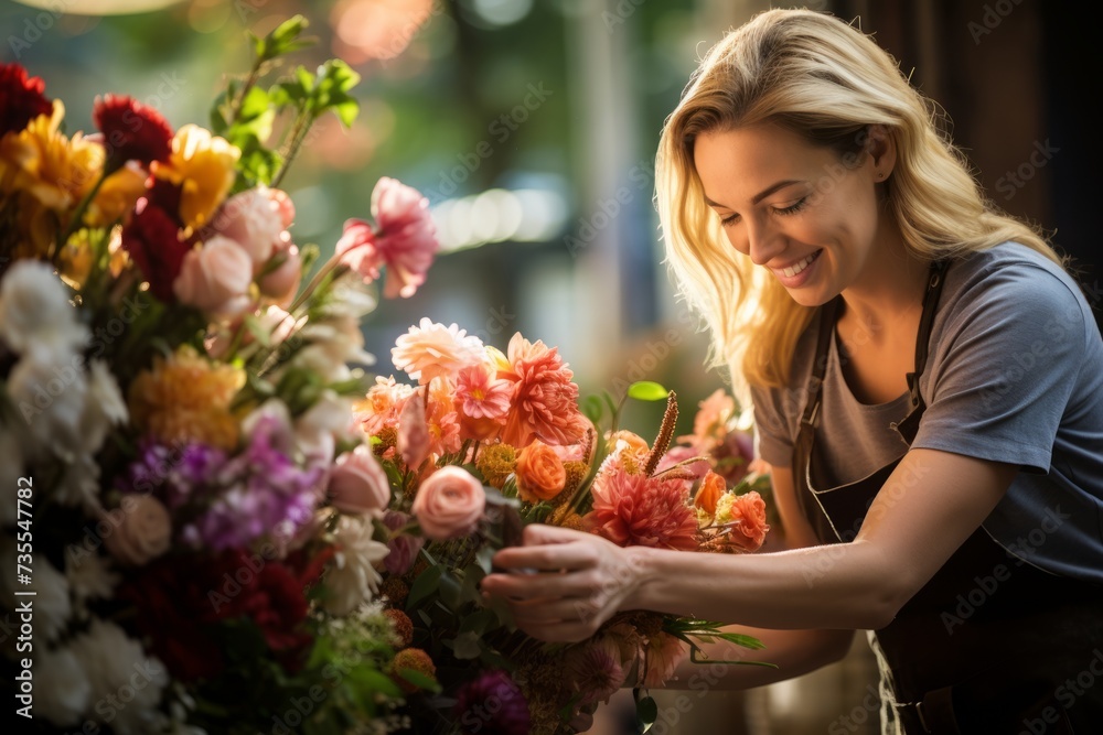 Blossoming Joy: A Florist Lost in a Colorful Sea of Blooms, Crafting Beauty in Every Petal