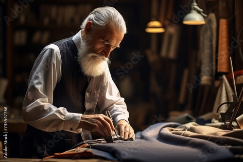 A master tailor's focused gaze on the stitches of a new piece, set against the backdrop of multicolored cloth rolls in his quaint workshop © aicandy