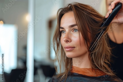 A hairstylist attentively straightens the hair of a beautiful woman in a salon photo