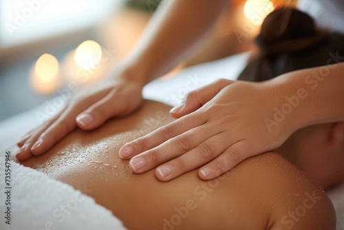 A soothing back massage captured in close-up  with focus on therapist s hands and oiled skin