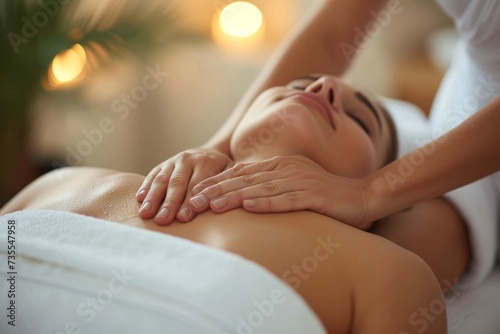 Tranquil scene of a person receiving a chest massage, focusing on the hands of the therapist © LifeMedia