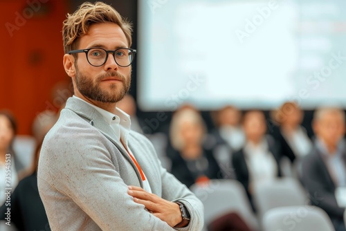 A confident male professional in glasses posing with arms crossed during a business seminar with attendees in background