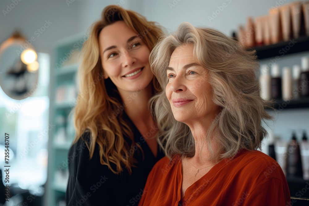 Female hairdresser giving a happy client a new hairstyle in a salon