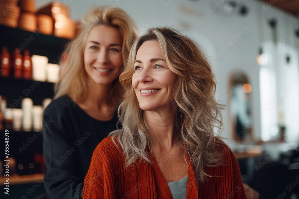 Two cheerful women enjoying their time in a beauty salon, one being a hairdresser Two cheerful women enjoying their time in a beauty salon, one being a hairdresser