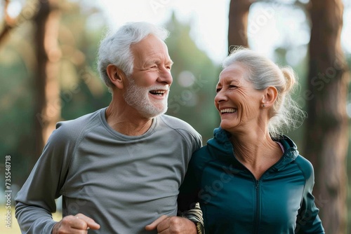 Joyful elderly couple wearing athletic wear enjoying a jog together in a park