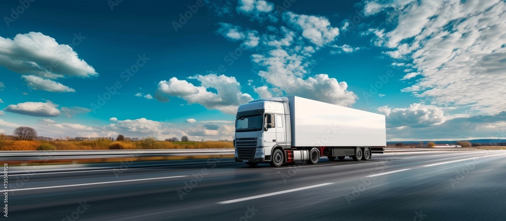 Scenic drive on the highway with a heavy truck against a dramatic cloudy sky