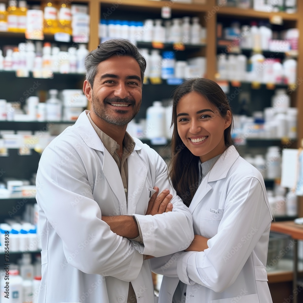 Two professional pharmacists stand confidently in a well-stocked pharmacy smiling Two professional pharmacists stand confidently in a well-stocked pharmacy smiling