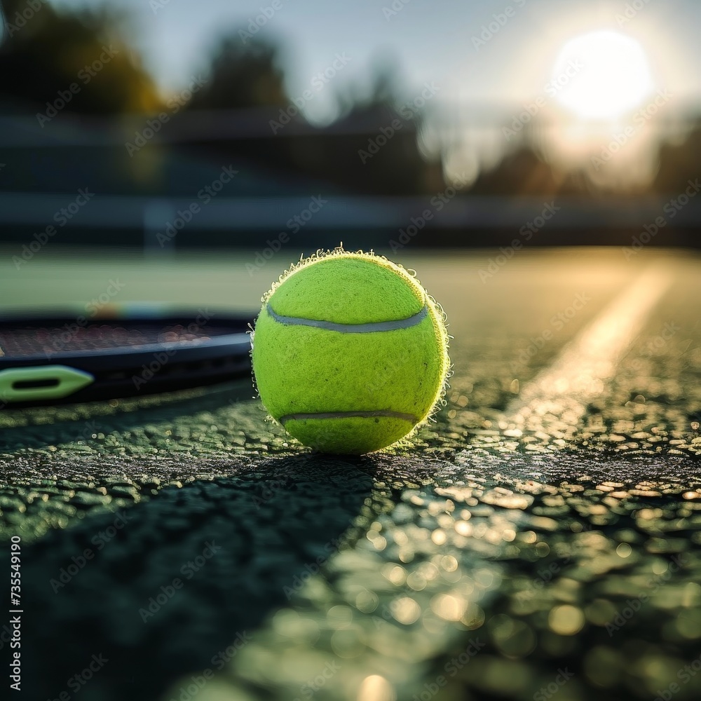 A close-up view of a tennis ball and racket lying on the court with a warm golden hour sunlight illuminating the scene