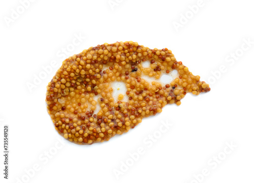Fresh whole grain mustard isolated on white  top view