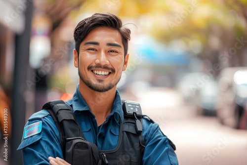 Portrait of a cheerful male security guard with earpiece smiling outdoors, blurred urban background © LifeMedia