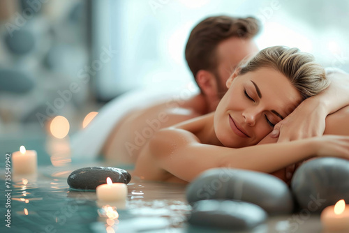 A serene setting with a couple relaxing during a romantic spa treatment surrounded by candles and tranquility