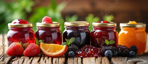 Assorted collection of glass jars filled with various fresh delicious fruits for homemade preserves and jams photo