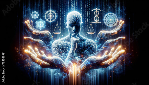 AI Ethical Contemplation: Translucent Code Figure in The Thinker Pose, Surrounded by Ethereal Hands with Symbolic Moral Objects