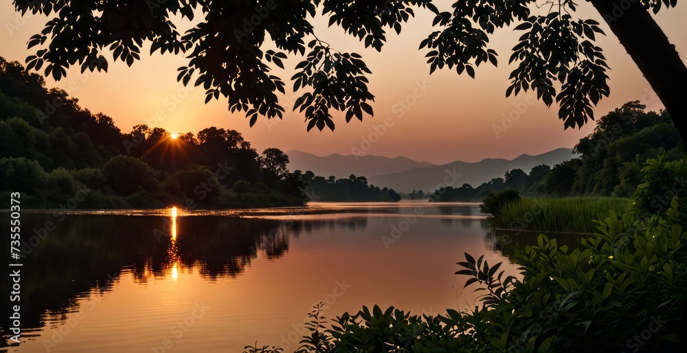 A tranquil sunset over a calm river, flanked by lush greenery and silhouetted trees. Generative AI.