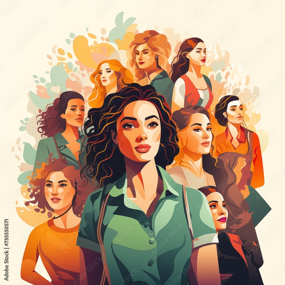 Simple illustration of international women's day, diverse group of women from different backgrounds and cultures Simple illustration of international women's day, diverse group of women from different backgrounds and cultures