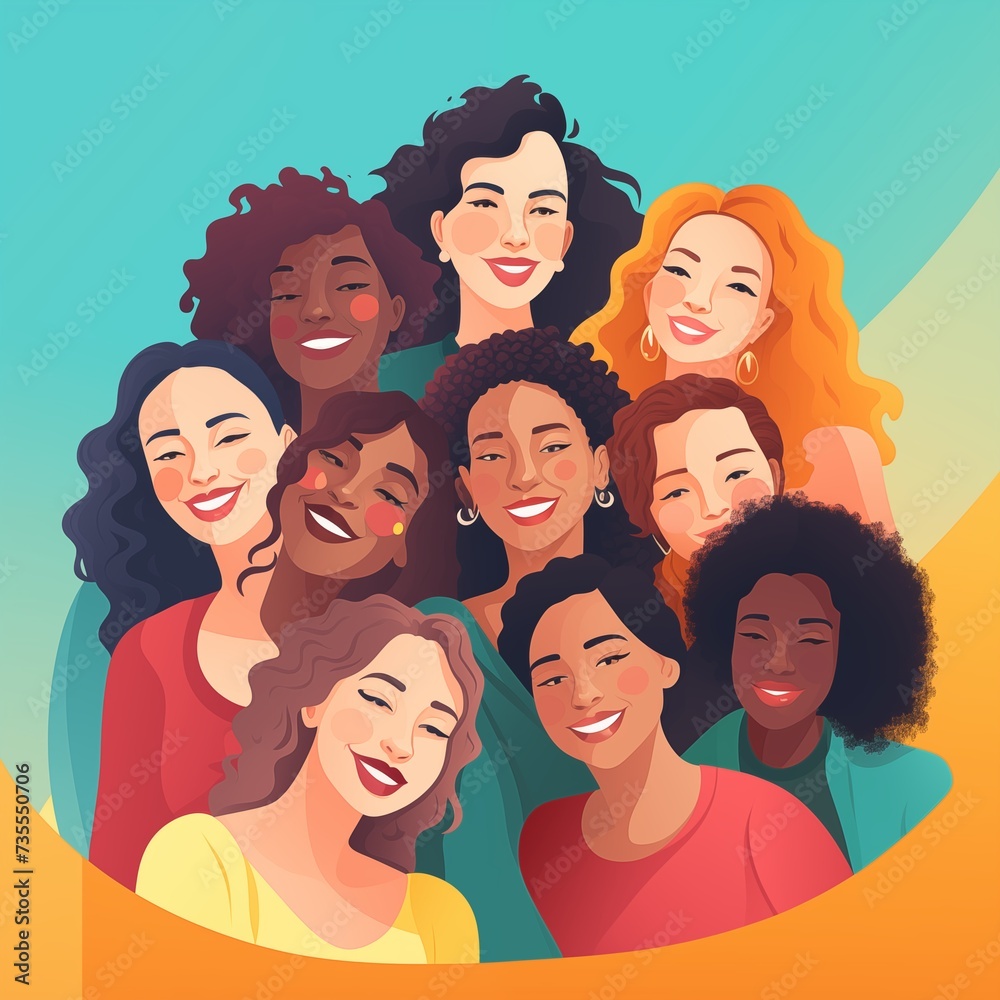 Simple illustration of international women's day, diverse group of women from different backgrounds and cultures